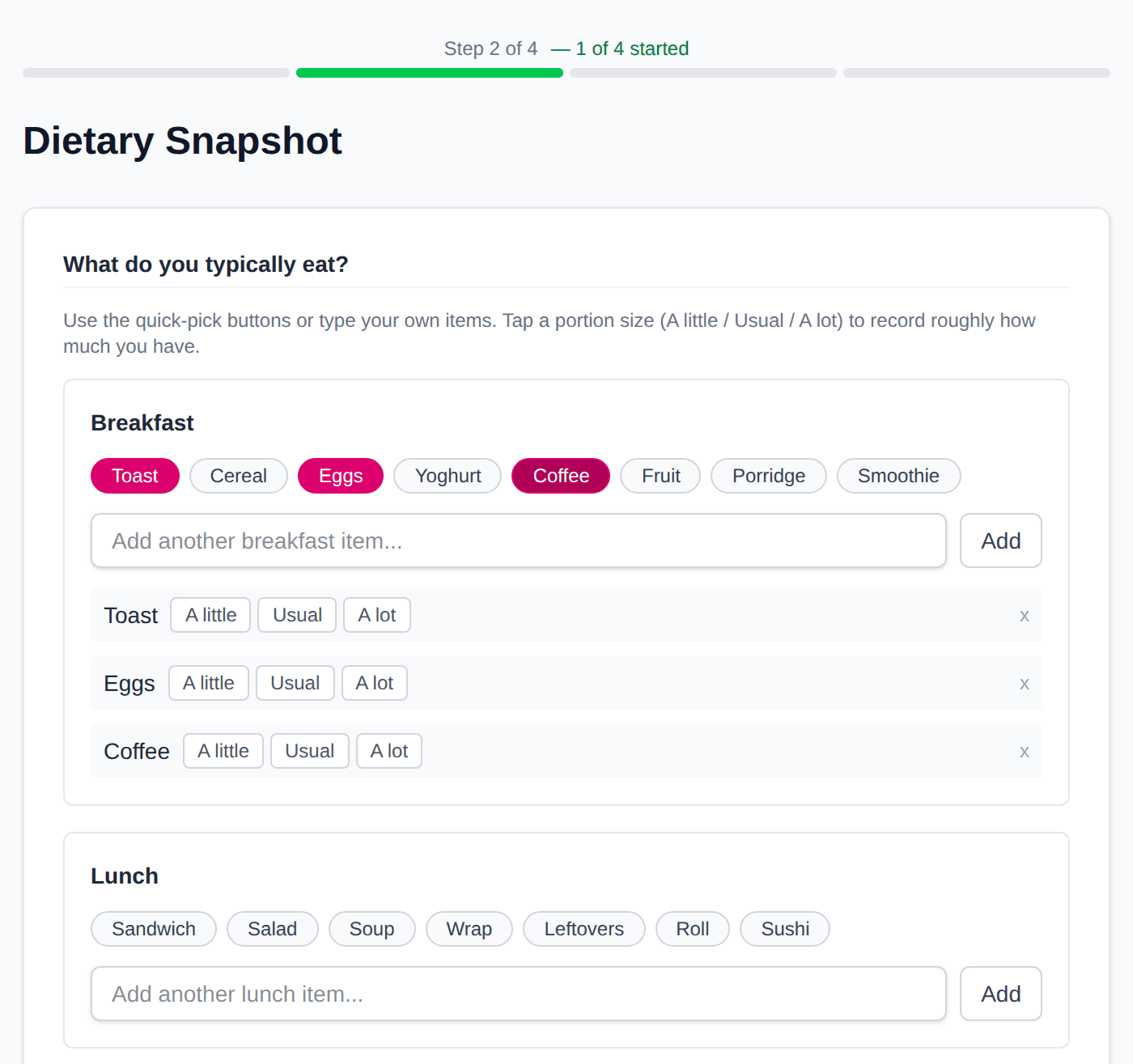 The patient's intake form in AI Dietitians, showing the dietary snapshot step with breakfast items picked from quick-select buttons and a portion size for each