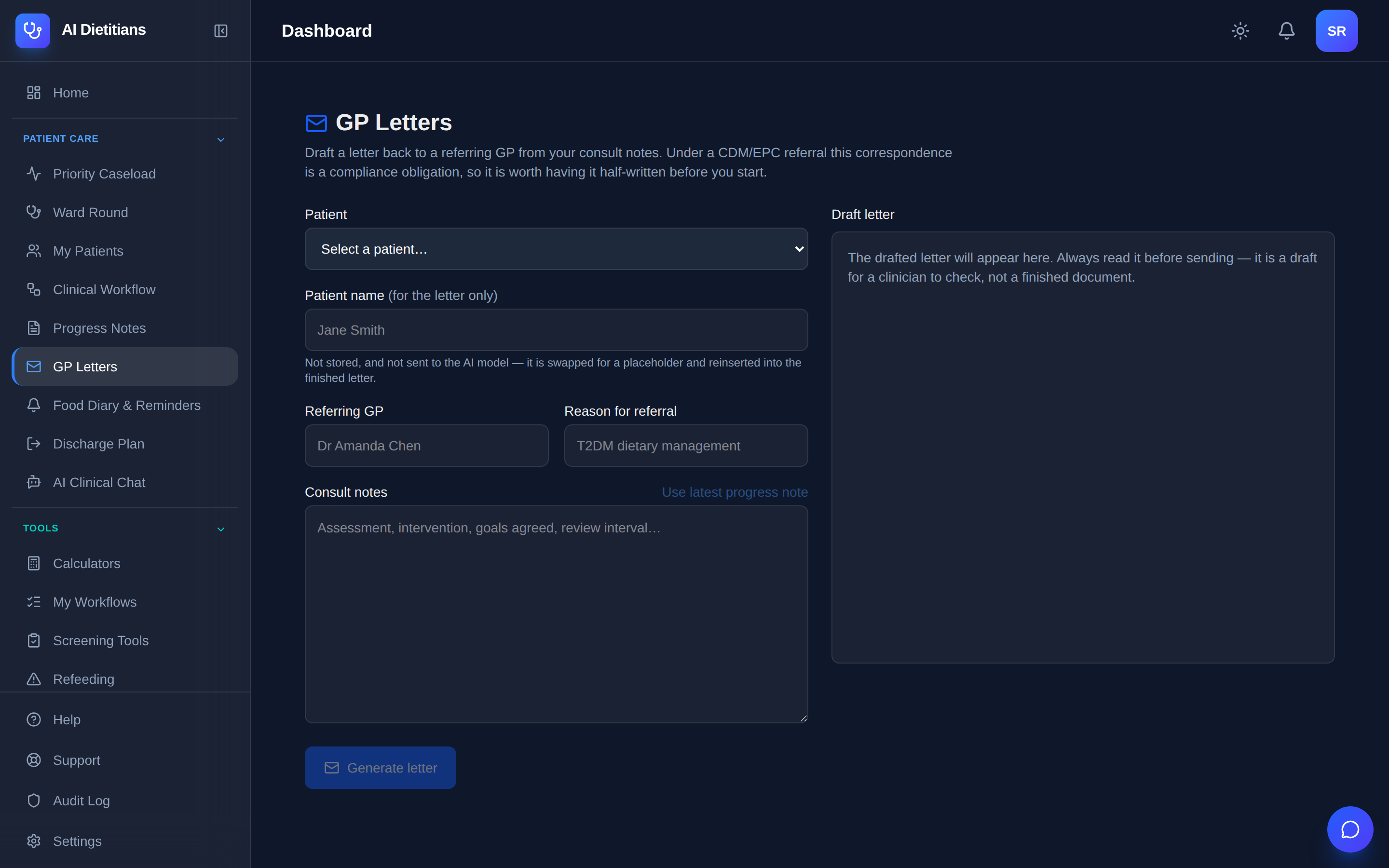 The GP Letters tool in AI Dietitians