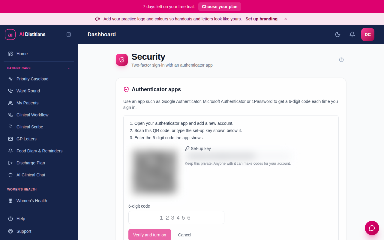 Adding an authenticator app: a QR code and set-up key (blurred in this guide)