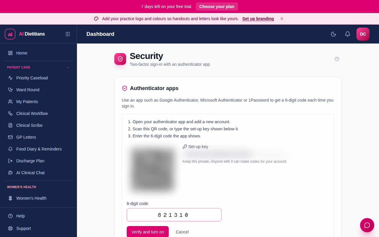 Entering the 6-digit code to verify the authenticator