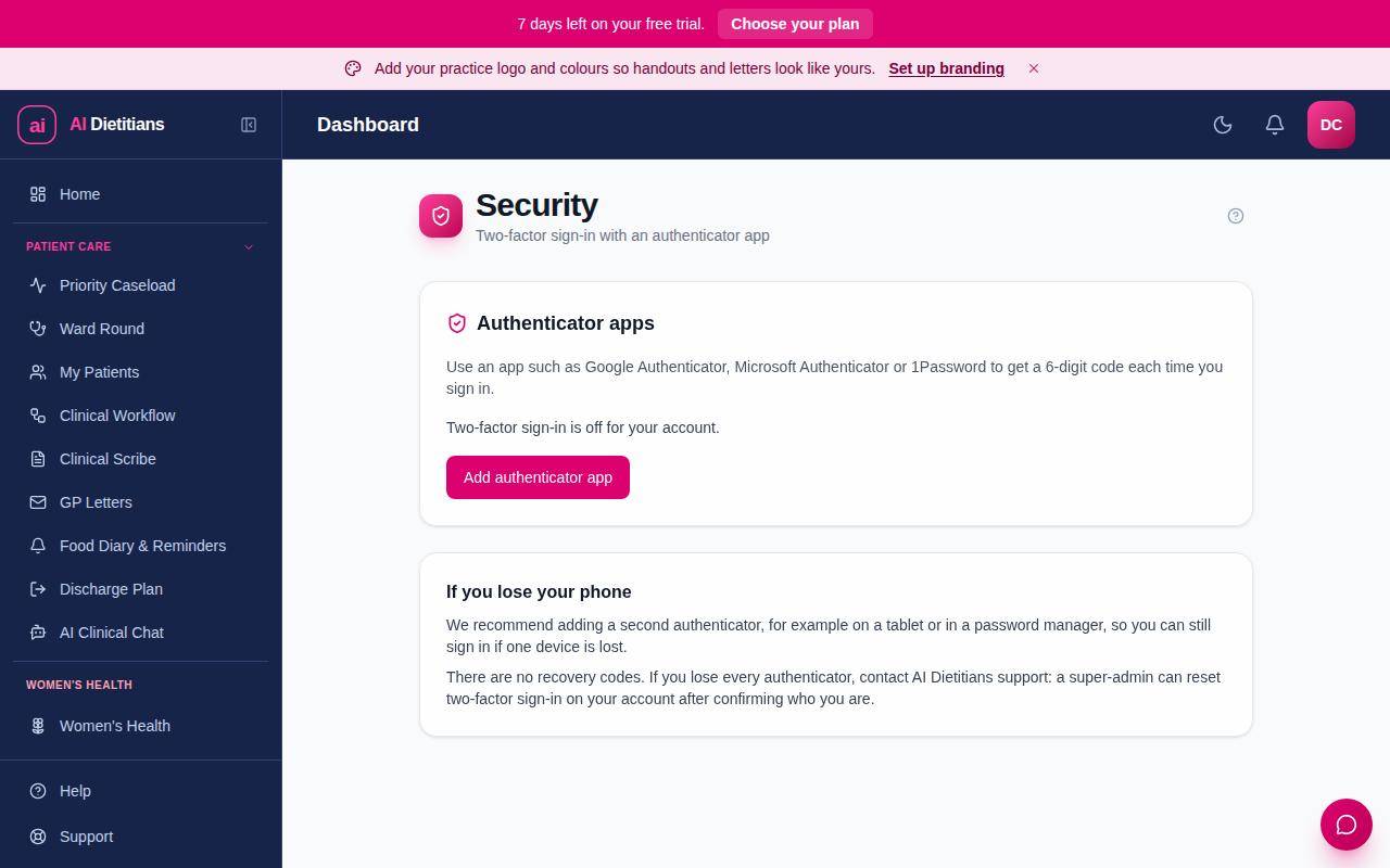 The Security page in AI Dietitians Settings, showing two-factor sign-in turned off