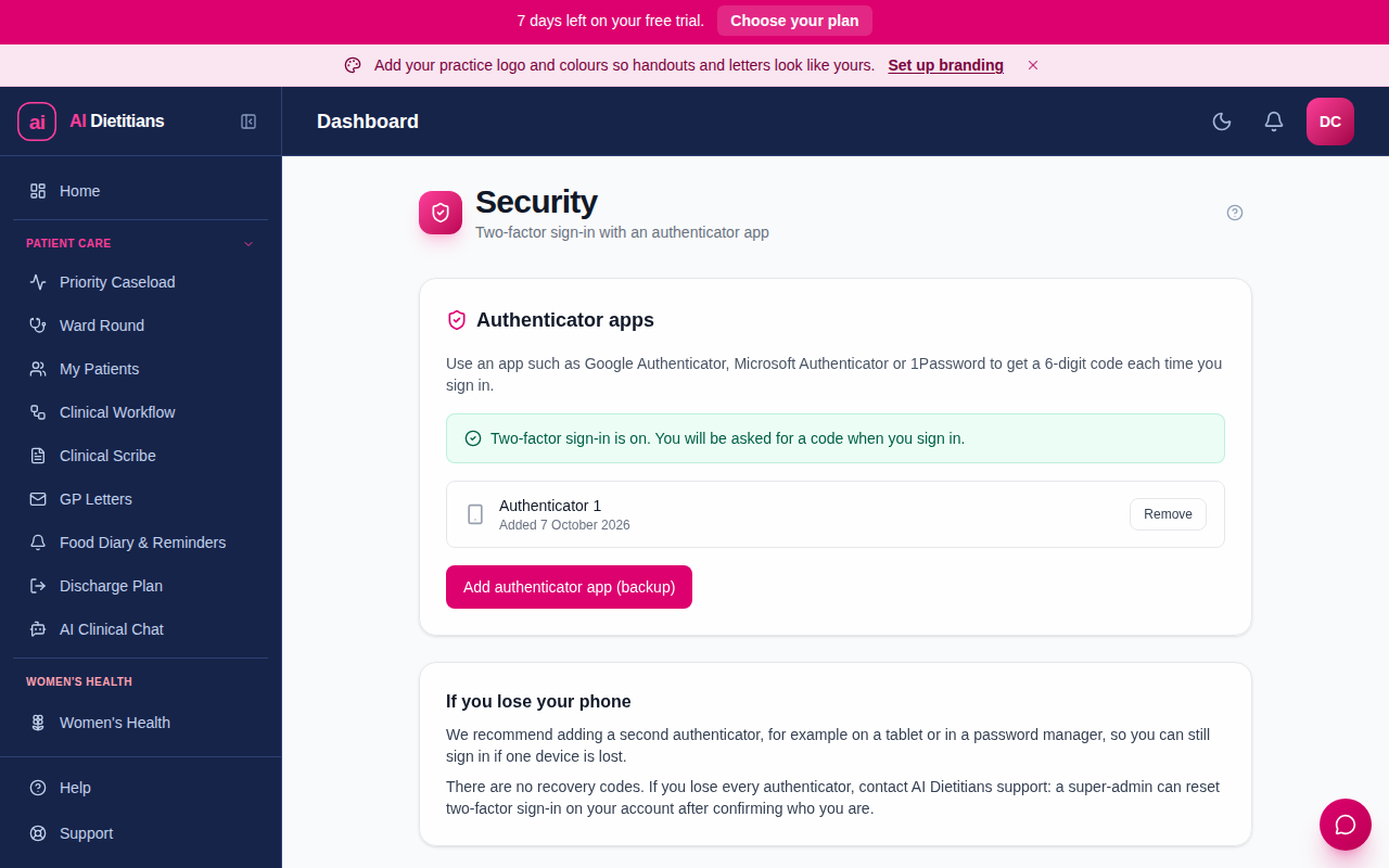 Two-factor sign-in turned on, with the authenticator listed